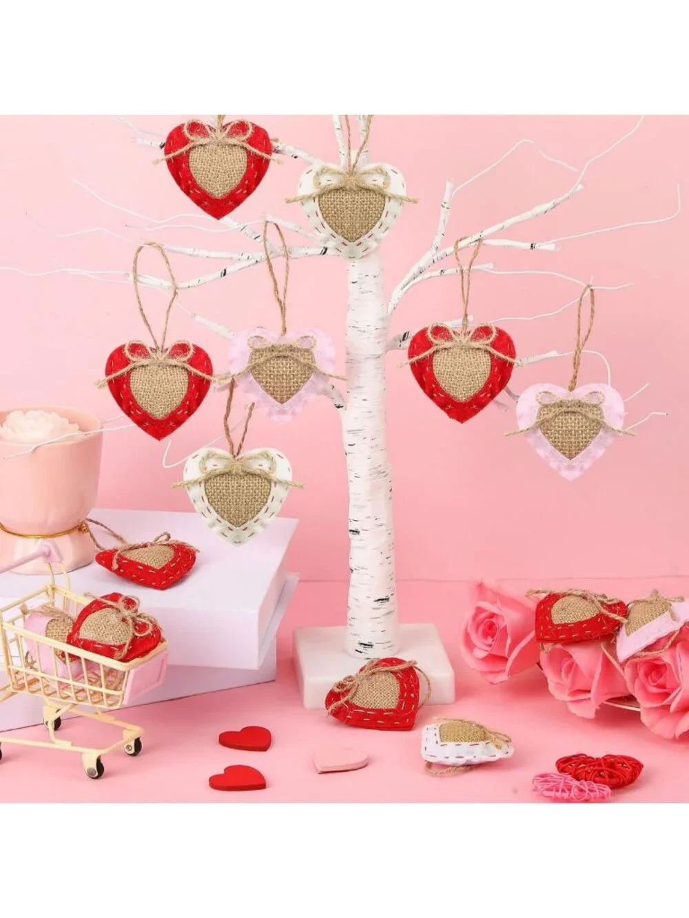 24 Pcs Neutral Valentine's Day Felt Heart Ornaments - Rustic Home Decor & Party
